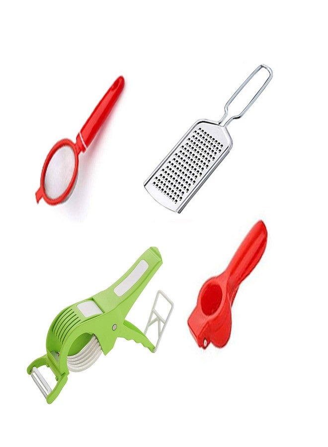 Kitchen4U Plastic Lemon Squeezer, Cheese Grater, Veg Cutter and Tea Strainer, Set of 4, Colour May Vary Colour - Image 1